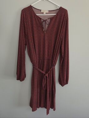 Michael Kors Navy & Red Long-Sleeve Tie-Waist Dress. Size 2XL. #SW
